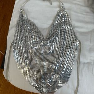 Silver cowl neck backless crop top